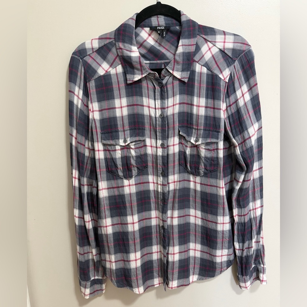 PAIGE Button Up Plaid Gray and Pink Shirt Women’s Medium
